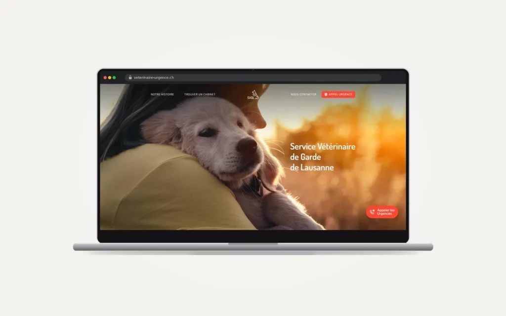 Site web Service Vétérinaire de Garde réalisé par le HUB Gencie, affiché sur un ordinateur portable